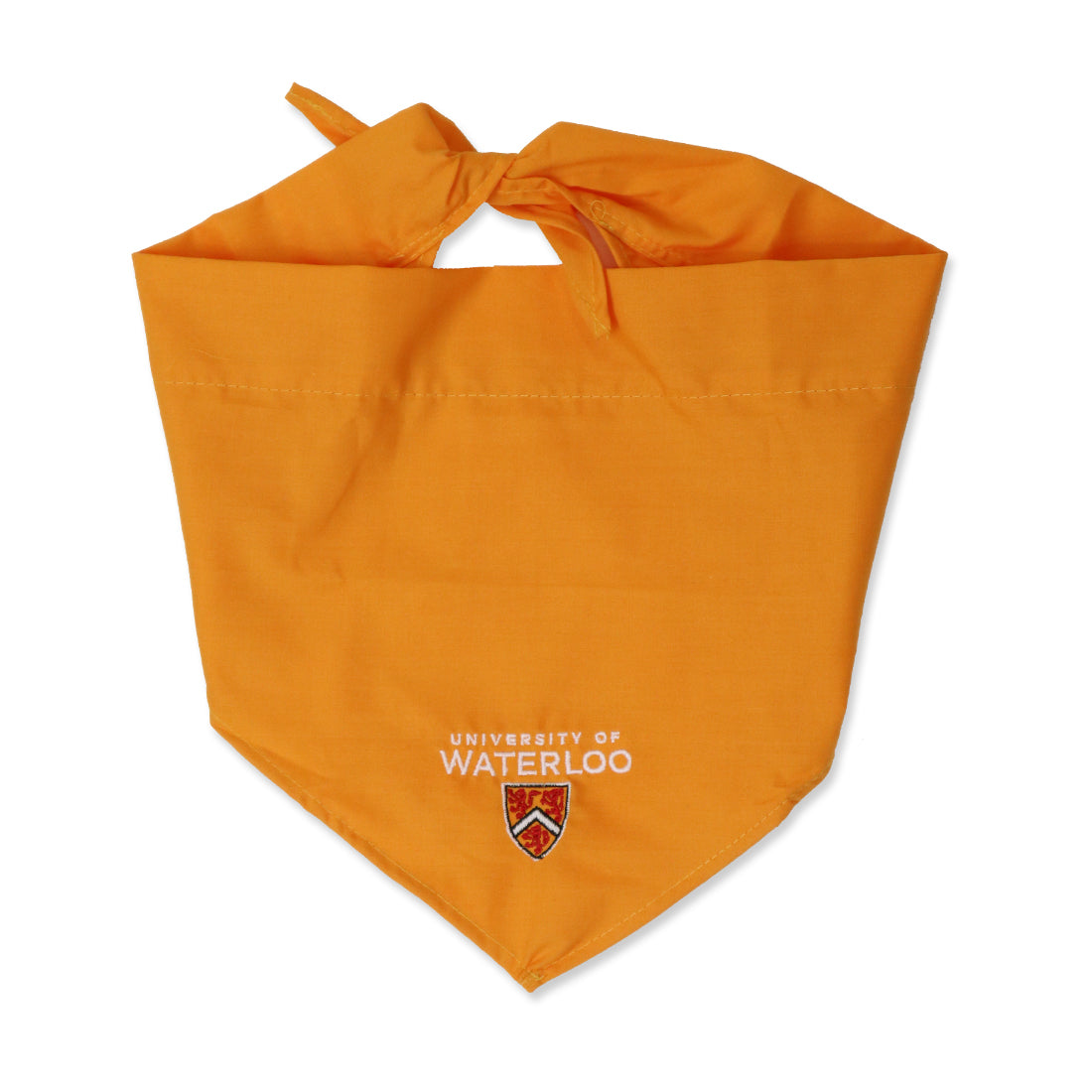 An orange bandana with a knot at the top and the text "UNIVERSITY OF WATERLOO" along with the university's crest embroidered at the bottom.