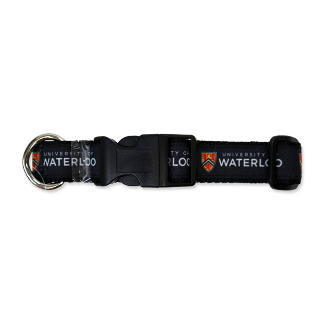 A black lanyard with "University of Waterloo" printed on it and a silver metal ring.