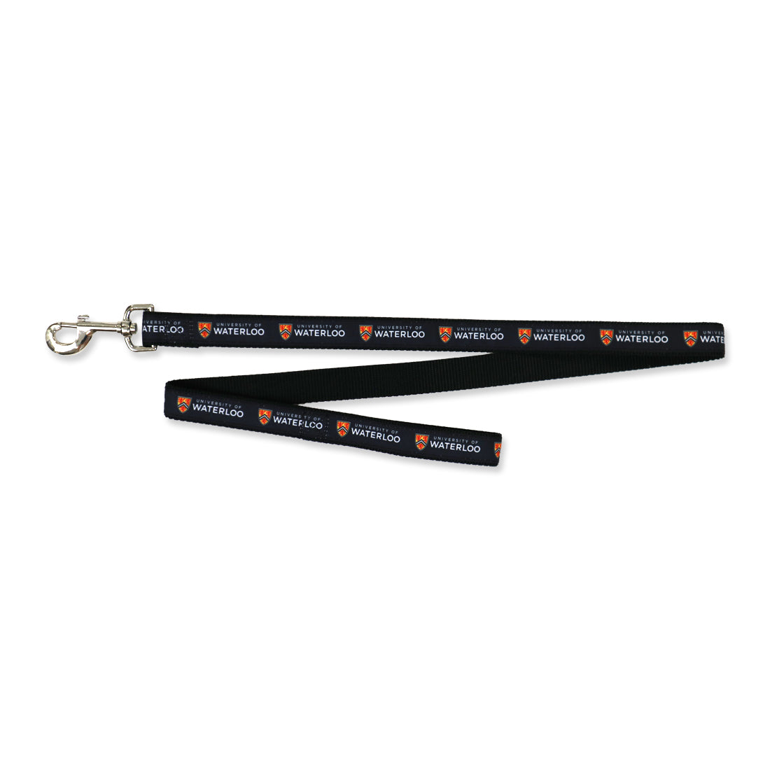 A black dog leash featuring the logo and name "University of Waterloo" in repeated patterns along its length.