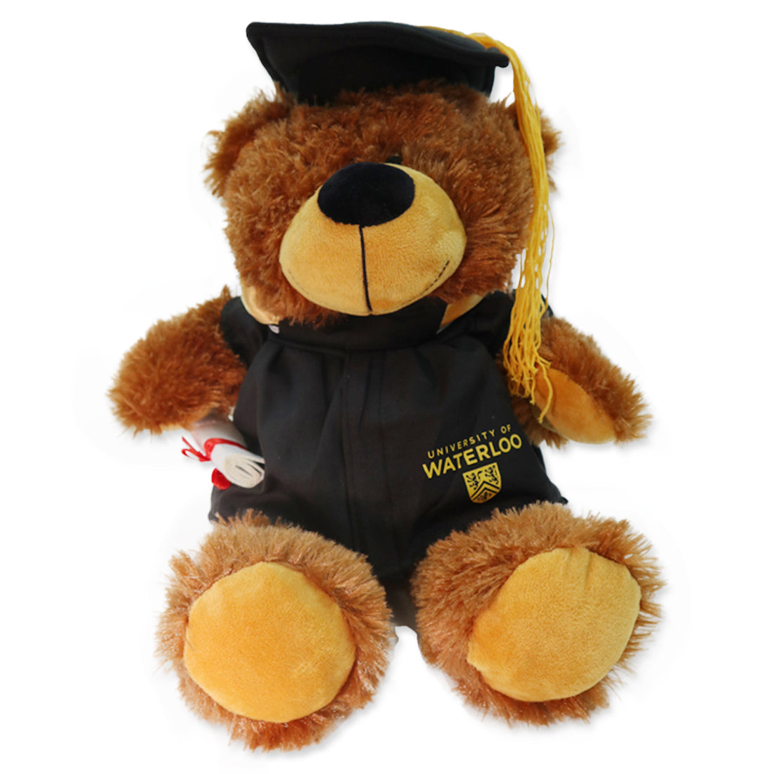 A brown teddy bear wearing a black graduation gown and cap with a yellow tassel, featuring the "University of Waterloo" logo.