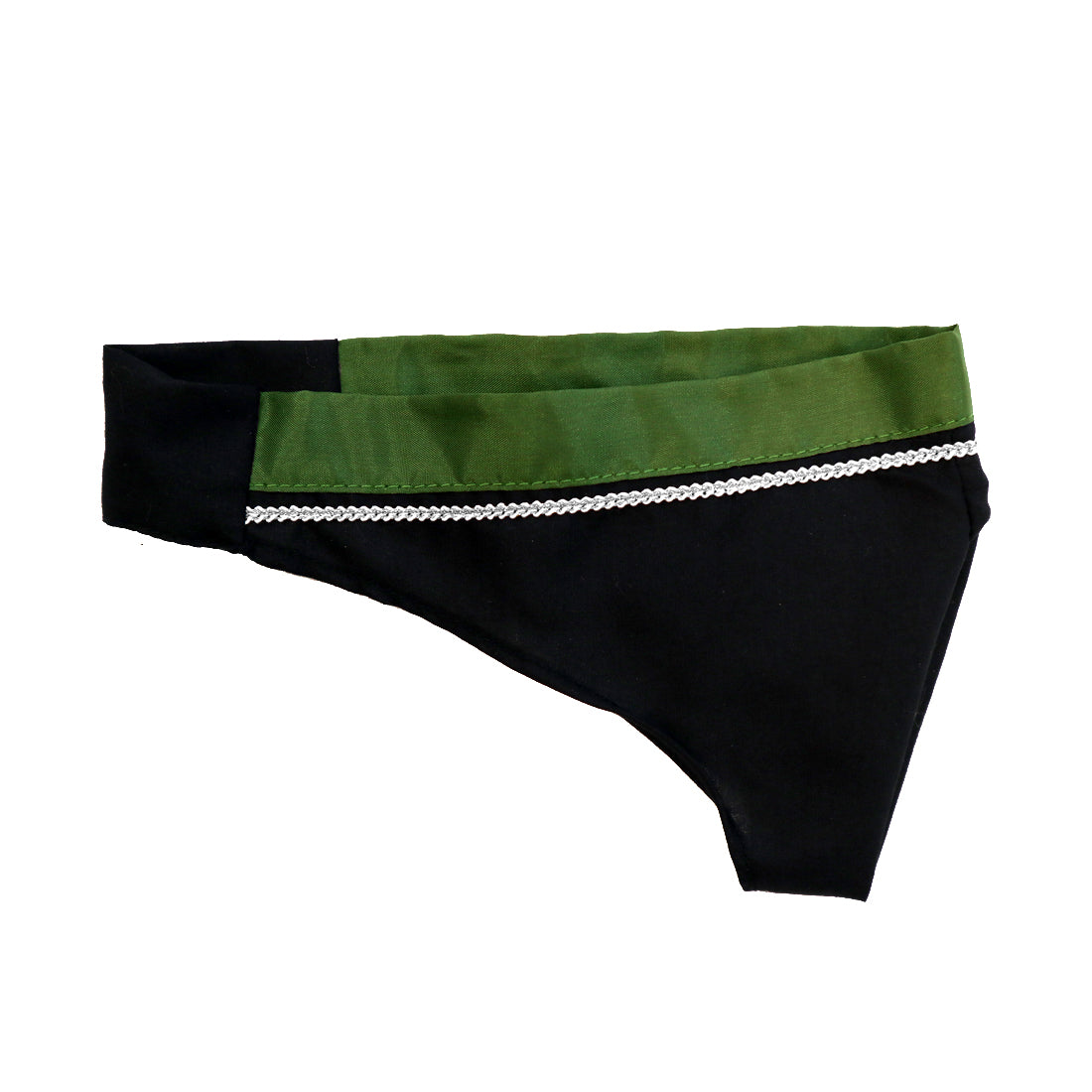 A black and green fabric piece with a decorative silver trim, resembling a stylized collar or headband.