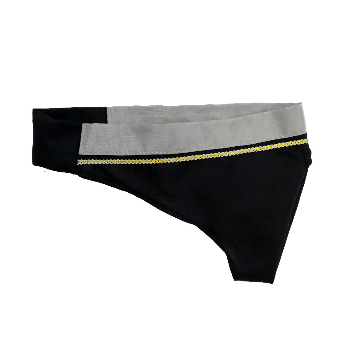 A black and gray pair of women's panties with a decorative gold trim.