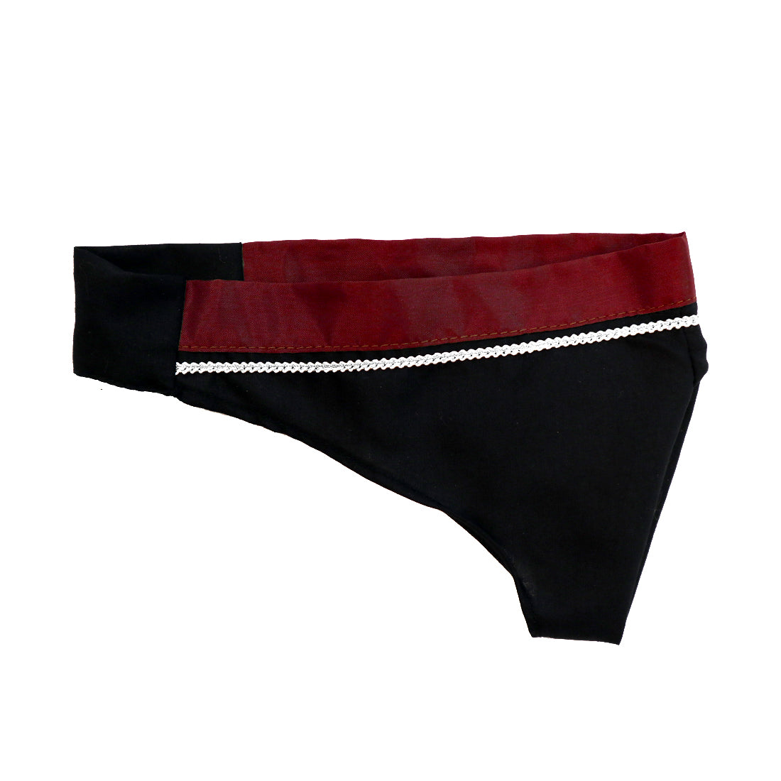 A black and burgundy headband with a decorative white trim.