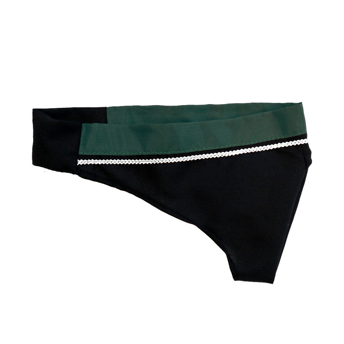 A black and green women's bikini bottom with a decorative white trim.