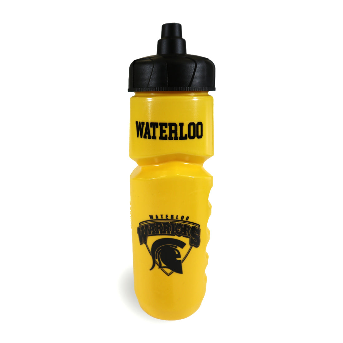 Yellow water bottle with black cap, featuring "WATERLOO" text and "WATERLOO WARRIORS" logo.