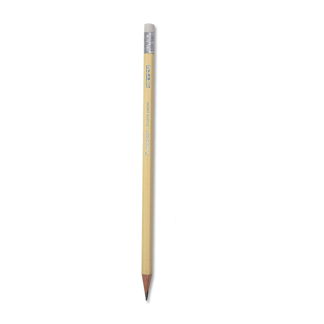 A yellow pencil with a silver eraser at the top and a sharpened graphite tip.