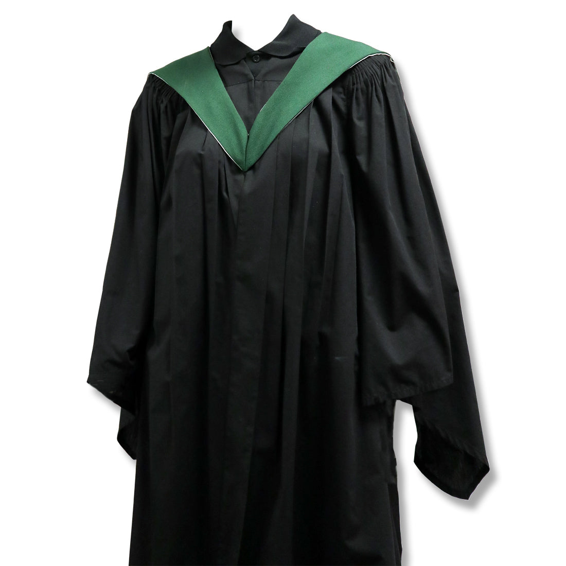 A black graduation gown with a green collar.