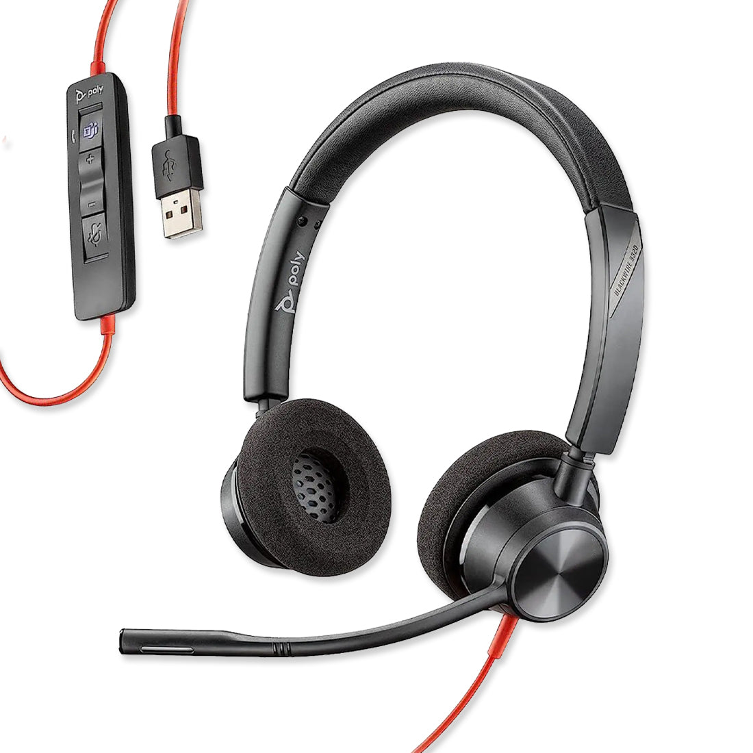Black wired over-ear headset with foam cushions and a flexible microphone boom; red USB inline controller with buttons.