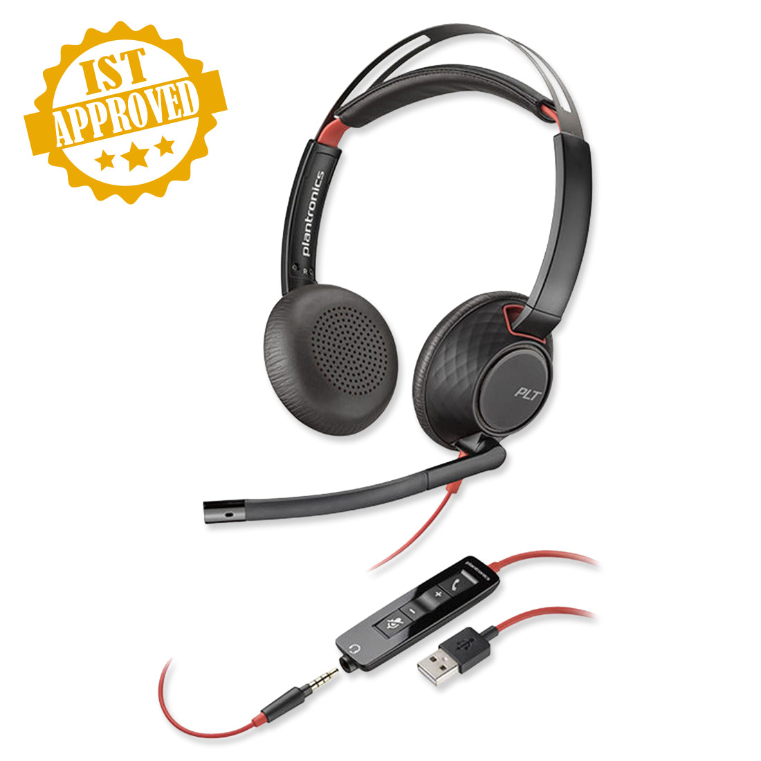 Black and red Plantronics headset with a microphone and control module, labeled "1ST APPROVED" in a gold seal.