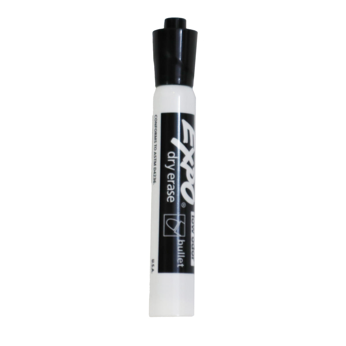 A black Expo dry erase marker with a bullet tip.