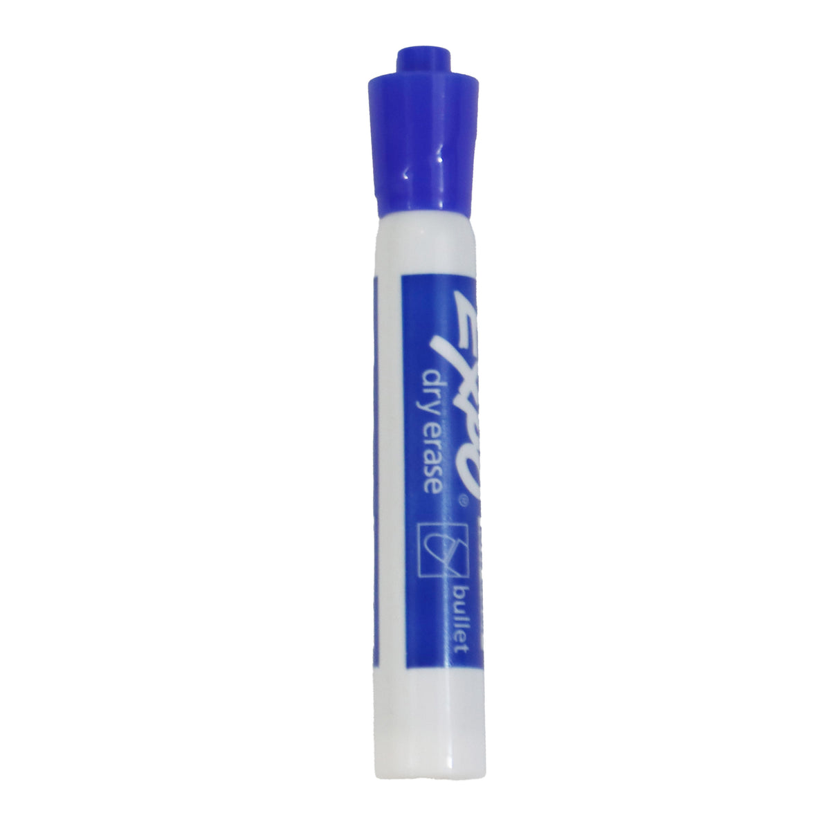 A blue Expo dry erase marker with a bullet tip, standing upright.