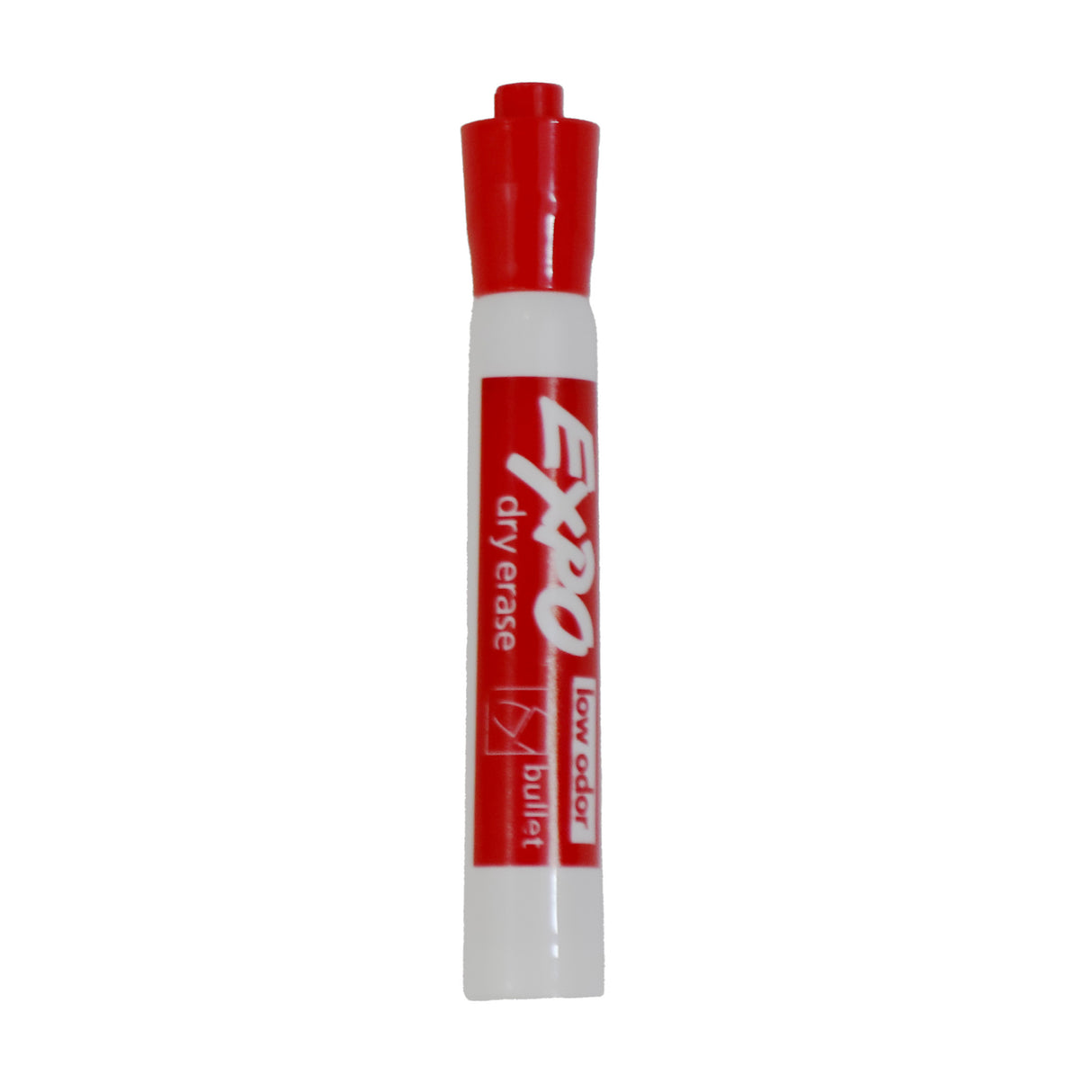 A red Expo dry erase marker with a bullet tip.