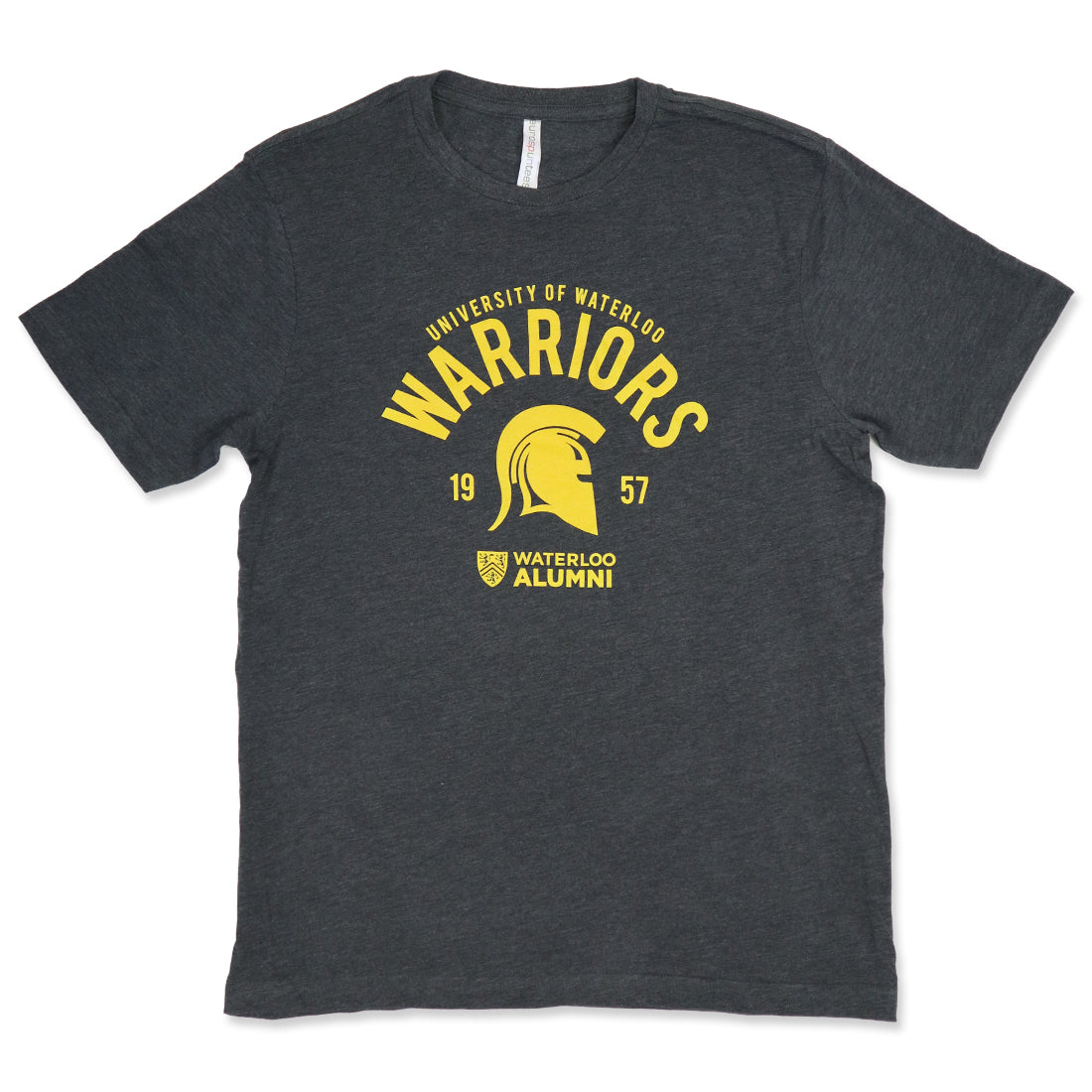 Dark gray t-shirt with yellow text reading "University of Waterloo Warriors 1957" and a warrior helmet graphic, labeled "Waterloo Alumni" beneath.