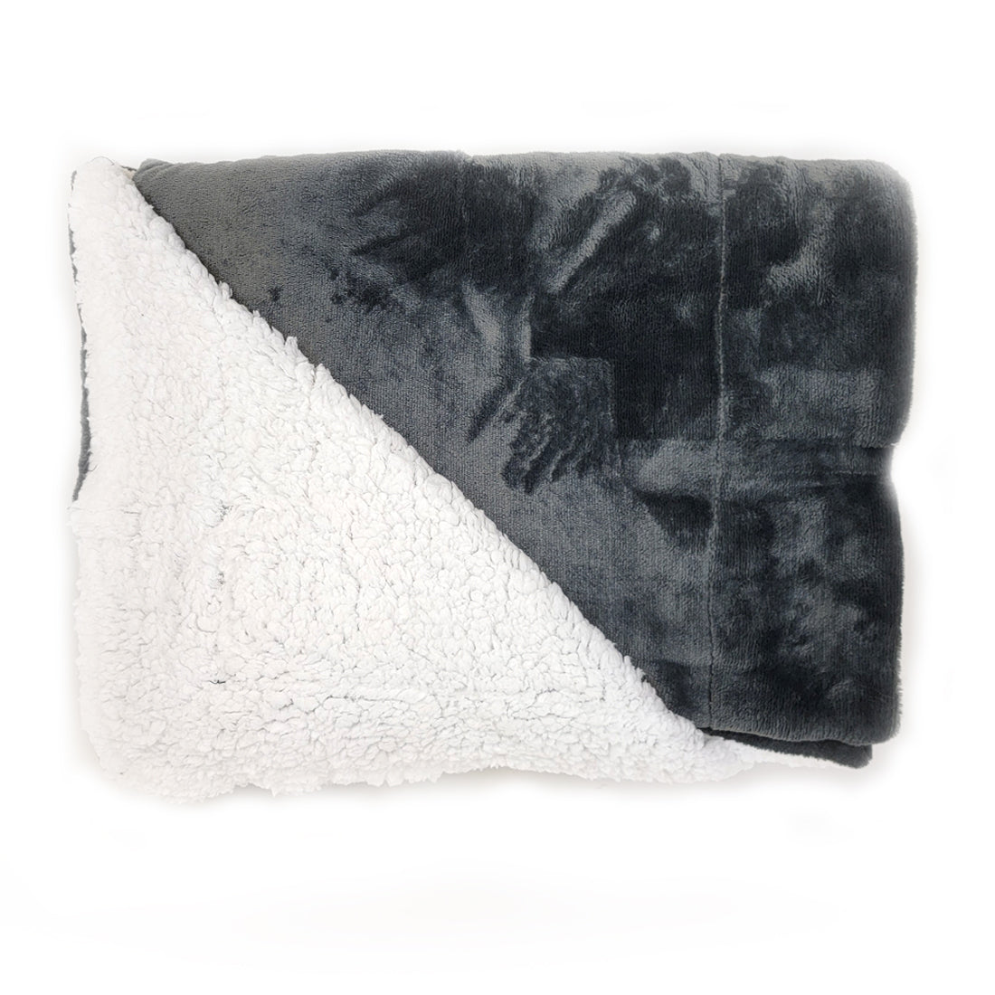 Two-tone plush blanket folded: white sherpa on one side and dark gray on the other.