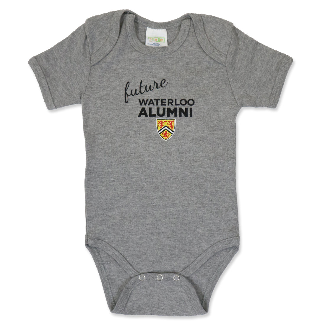 Gray baby onesie with the text "future WATERLOO ALUMNI" and a shield logo.