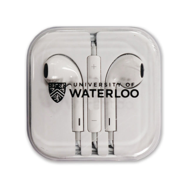 White earbuds in a clear case featuring the logo and text "University of Waterloo."