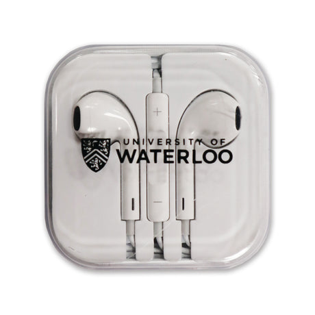 White earbuds in a clear case featuring the logo and text "University of Waterloo."