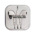 White earbuds in a clear case featuring the logo and text "University of Waterloo."