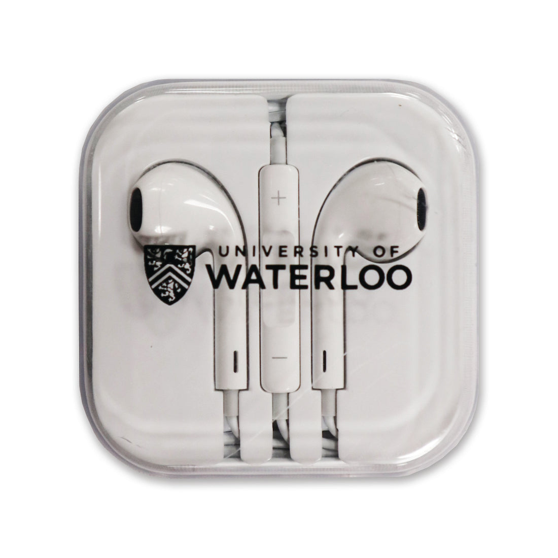 White earbuds in a clear case featuring the logo and text "University of Waterloo."
