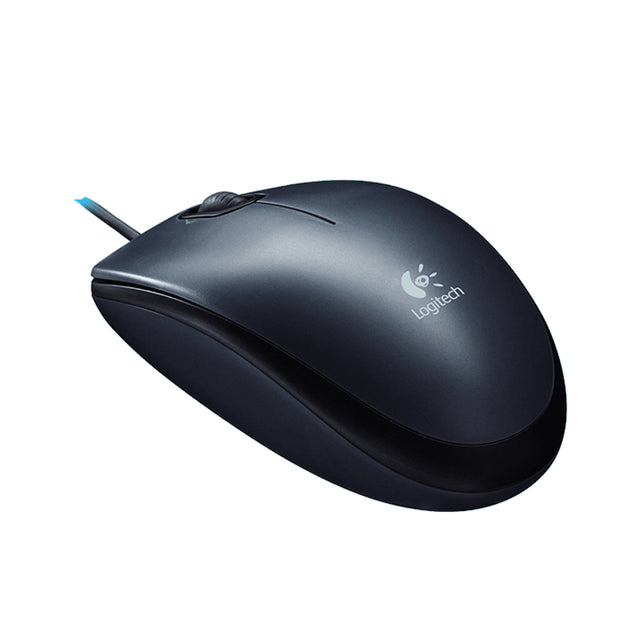 A black wired computer mouse with a scroll wheel and the Logitech logo.