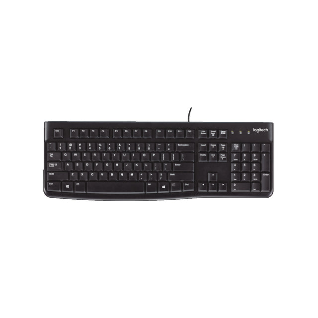 A black Logitech wired keyboard viewed from above, featuring standard QWERTY layout and function keys.