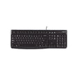 A black Logitech wired keyboard viewed from above, featuring standard QWERTY layout and function keys.