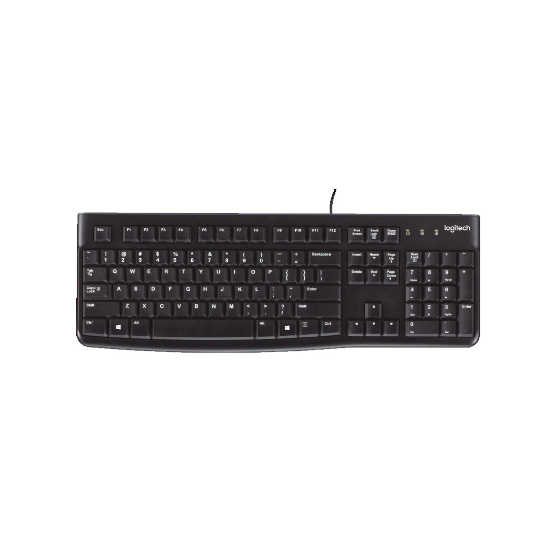 A black Logitech wired keyboard viewed from above, featuring standard QWERTY layout and function keys.