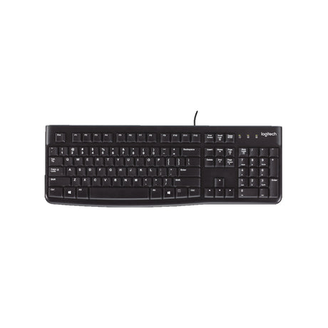 A black Logitech wired keyboard viewed from above, featuring standard QWERTY layout and function keys.
