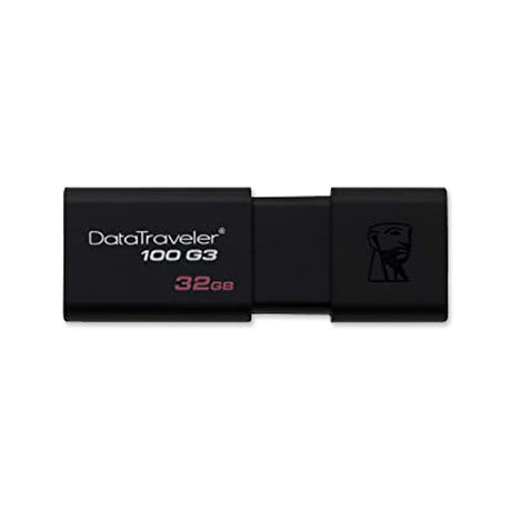A black USB flash drive labeled "DataTraveler 100 G3" with a storage capacity of 32GB.