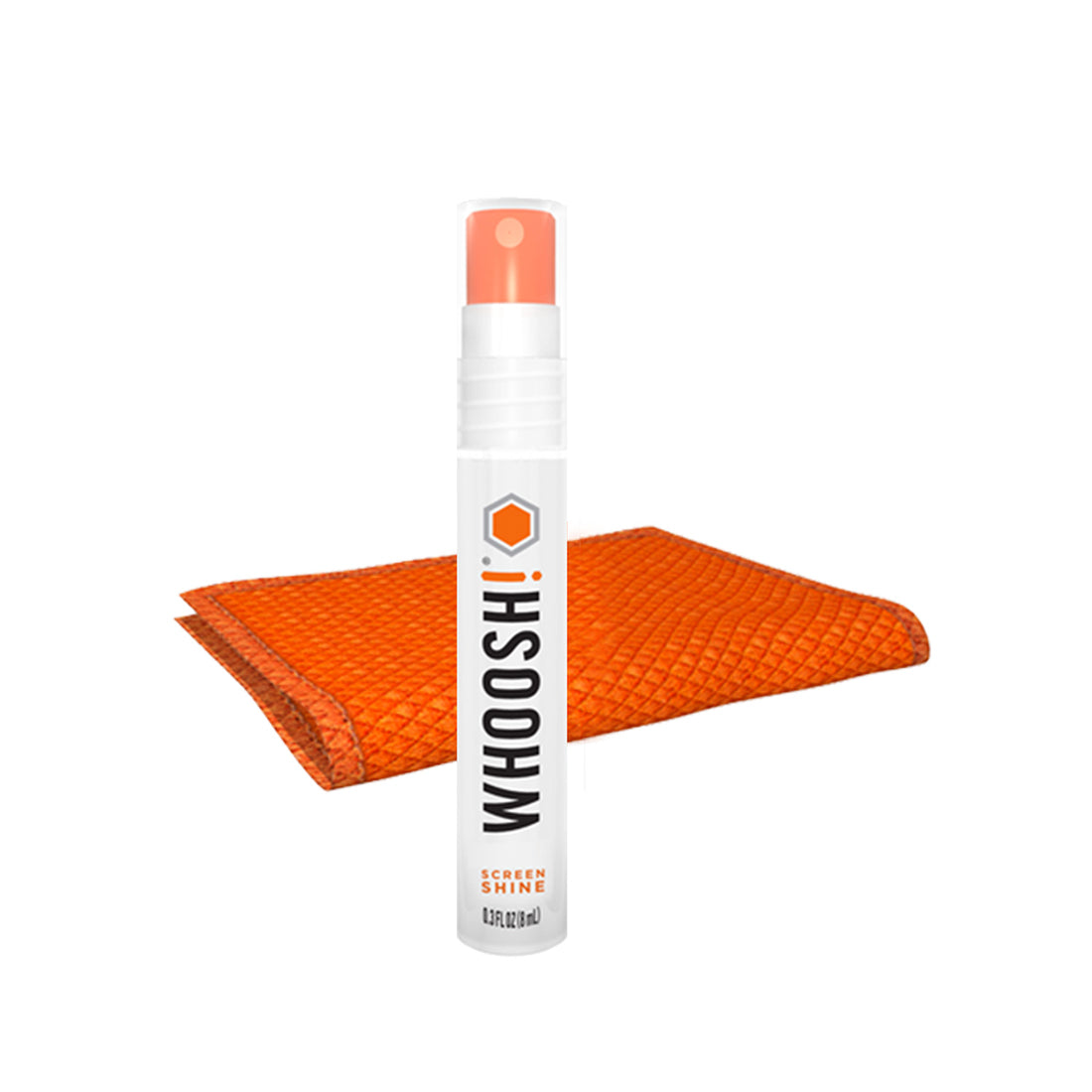 A bottle of Whoosh! Screen Shine cleaner next to an orange microfiber cloth.