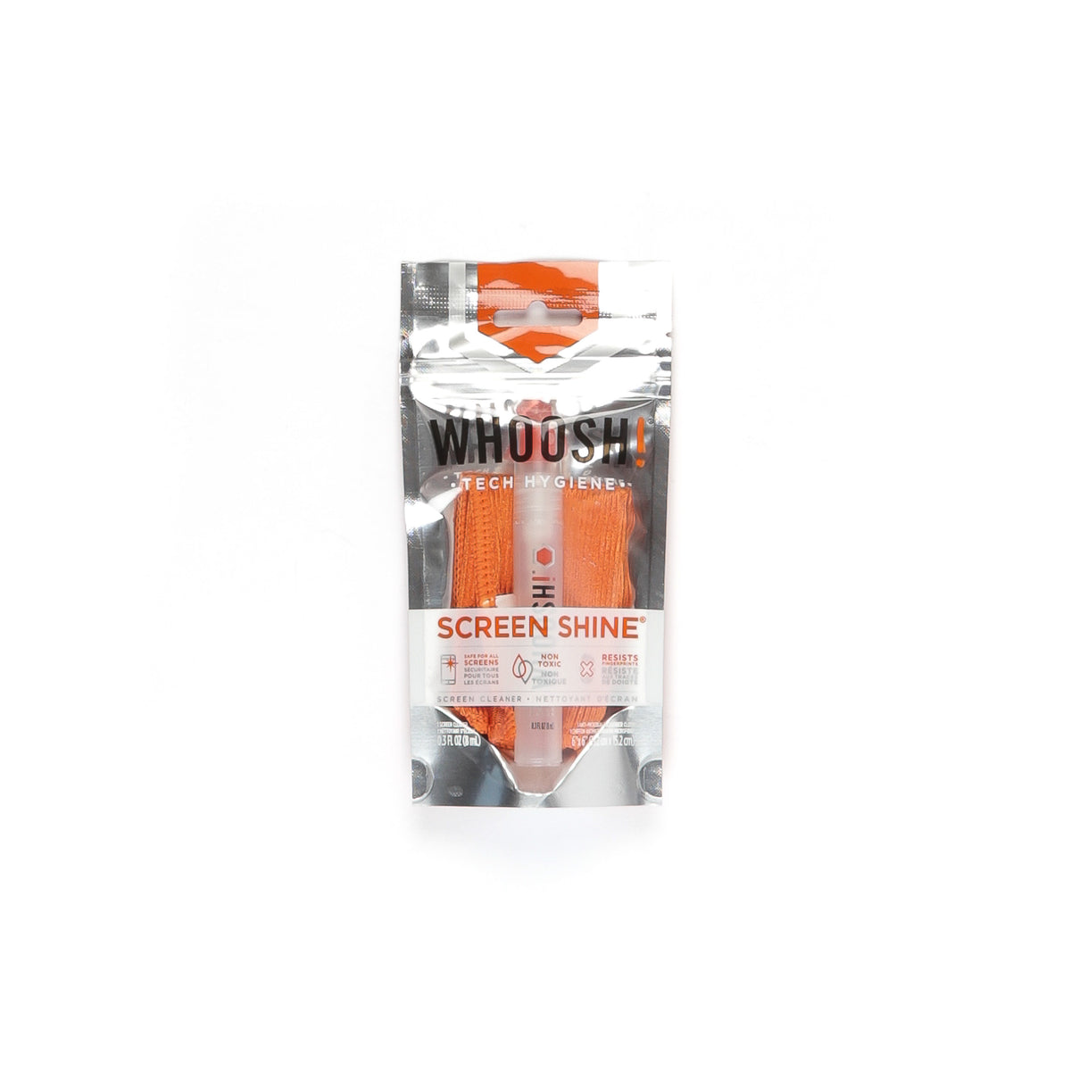 A bottle of Whoosh! Screen Shine cleaner next to an orange microfiber cloth.