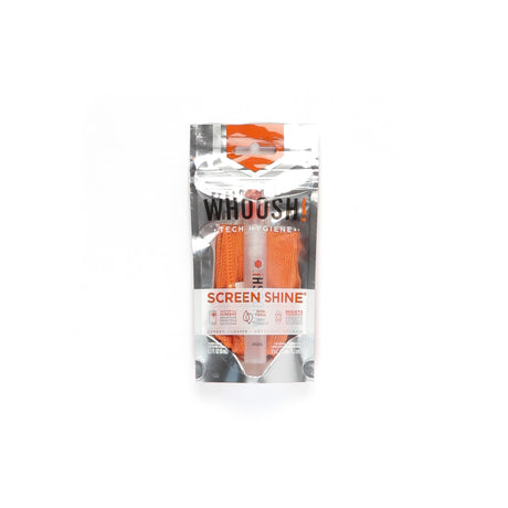 A bottle of Whoosh! Screen Shine cleaner next to an orange microfiber cloth.