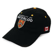 A black baseball cap featuring "University of Waterloo" in white text and a red and yellow shield emblem, with a small Canadian flag patch on the side.