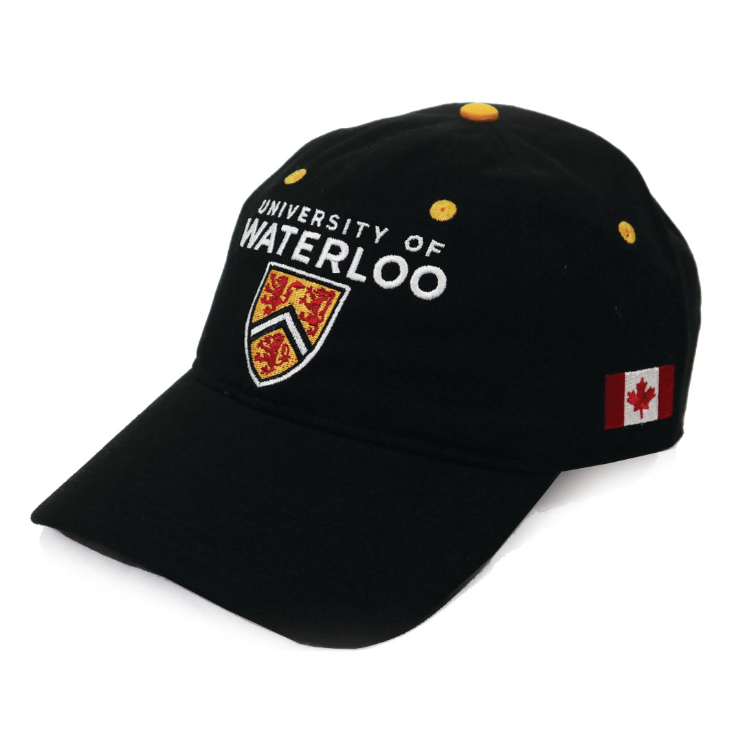 A black baseball cap featuring "University of Waterloo" in white text and a red and yellow shield emblem, with a small Canadian flag patch on the side.