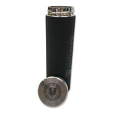 A black stainless steel travel mug with a silver lid, featuring the "University of Waterloo" logo.