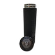 A black insulated water bottle with a metallic lid, featuring the University of Waterloo logo engraved on the side, next to a round, silver-colored coaster with the same logo.