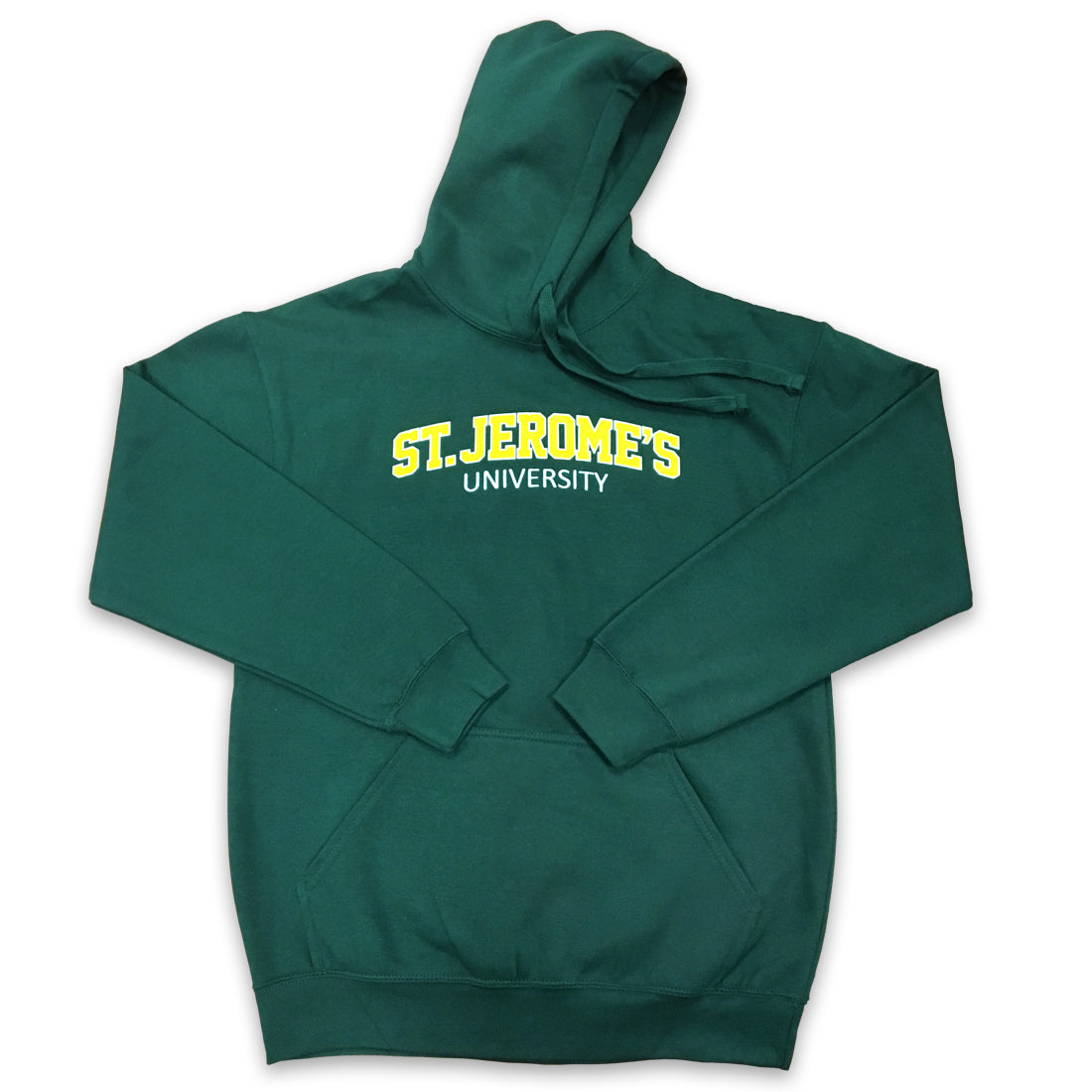 Green hoodie with "ST. JEROME'S UNIVERSITY" printed in yellow across the chest.