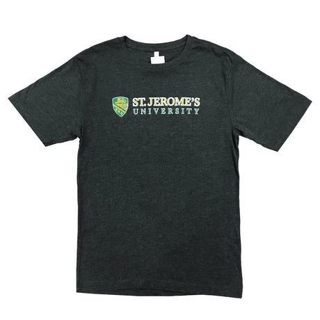 Dark gray t-shirt with "St. Jerome's University" printed in white and green, featuring a shield logo on the left.