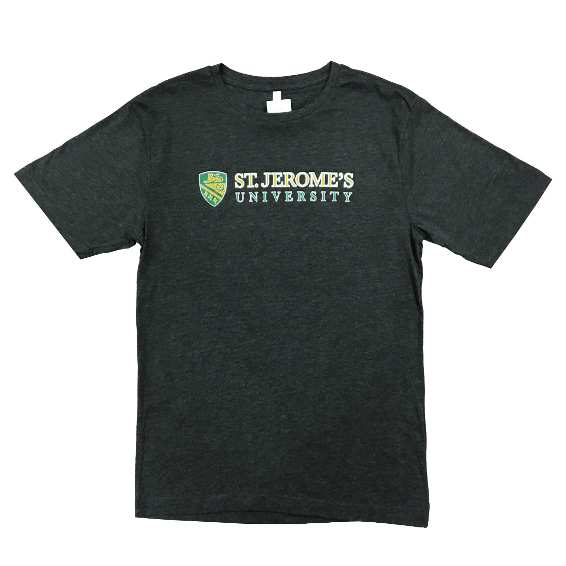 Dark gray t-shirt with "St. Jerome's University" printed in white and green, featuring a shield logo on the left.