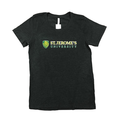 Black t-shirt featuring "St. Jerome's University" in yellow and green text with a shield logo.