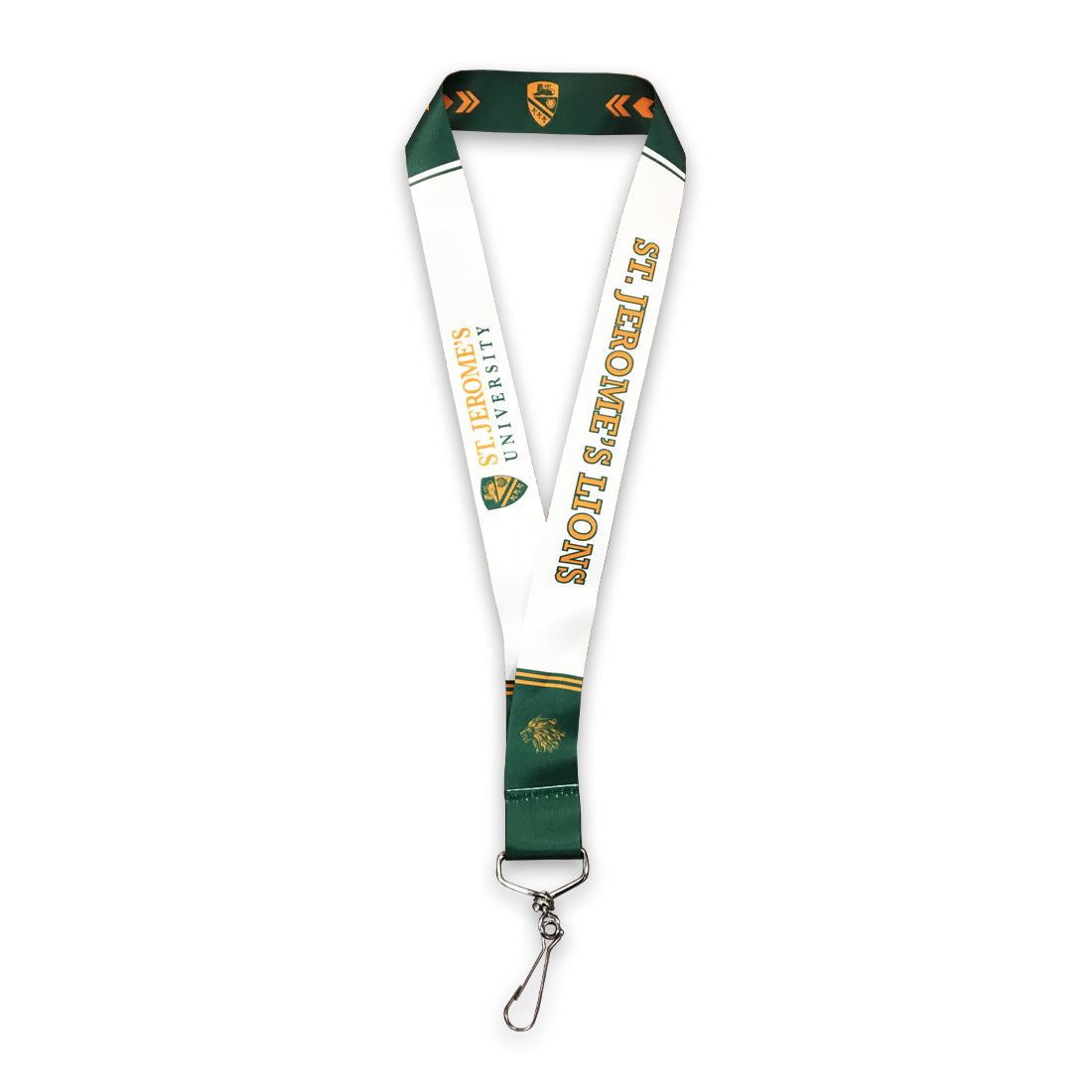 A green and white lanyard with "St. Jerome's University" and "St. Jerome's Lions" printed on it, featuring a clip at the bottom.