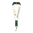 A green and white lanyard with "St. Jerome's University" and "St. Jerome's Lions" printed on it, featuring a clip at the bottom.