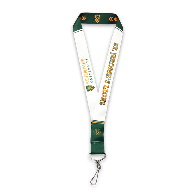 A green and white lanyard with "St. Jerome's University" and "St. Jerome's Lions" printed on it, featuring a clip at the bottom.