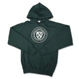 A dark green hoodie featuring the Ryerson University College emblem in a circular design on the front.