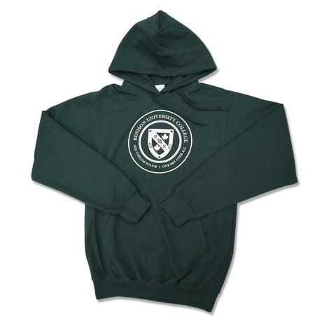 A dark green hoodie featuring the Ryerson University College emblem in a circular design on the front.
