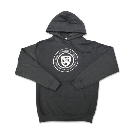 A dark gray hoodie featuring a circular emblem with "Ryerson University College" and a shield design in the center.