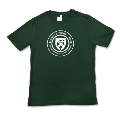 Dark green t-shirt featuring a circular white emblem with "Renison University College" and a shield design in the center.