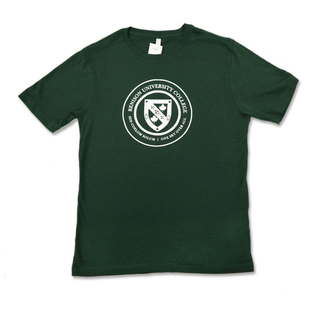 Dark green t-shirt featuring a circular white emblem with "Renison University College" and a shield design in the center.