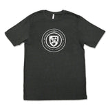 Dark grey t-shirt featuring the Renison University College crest in white at the center.