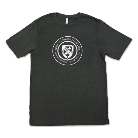 Dark grey t-shirt featuring the Renison University College crest in white at the center.